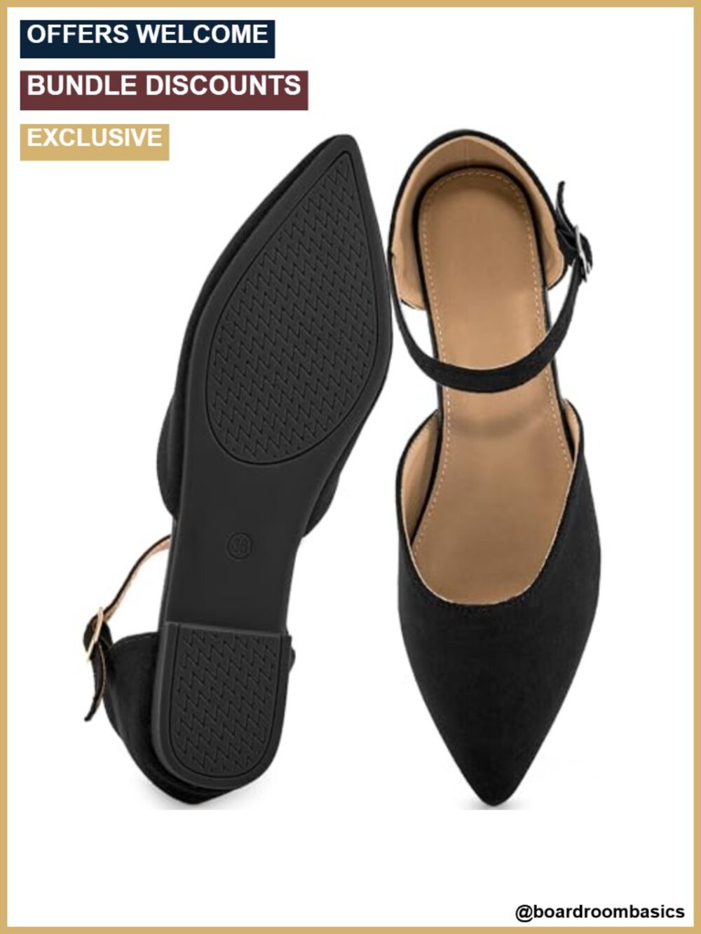 Women's Pointed Toe Ballet Flats with Cushioned Insoles & Ankle Strap